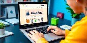 Laptop with Shopify store, person analyzing products nearby.