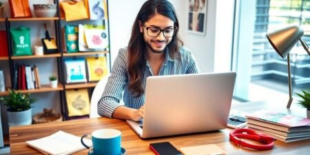 Entrepreneur preparing a Shopify store with vibrant products.